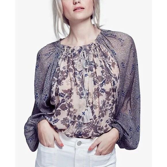 Free People Neutral Balloon Tassel Hendrix Ditsy Floral Print Peasant Blouse Med - Picture 1 of 11